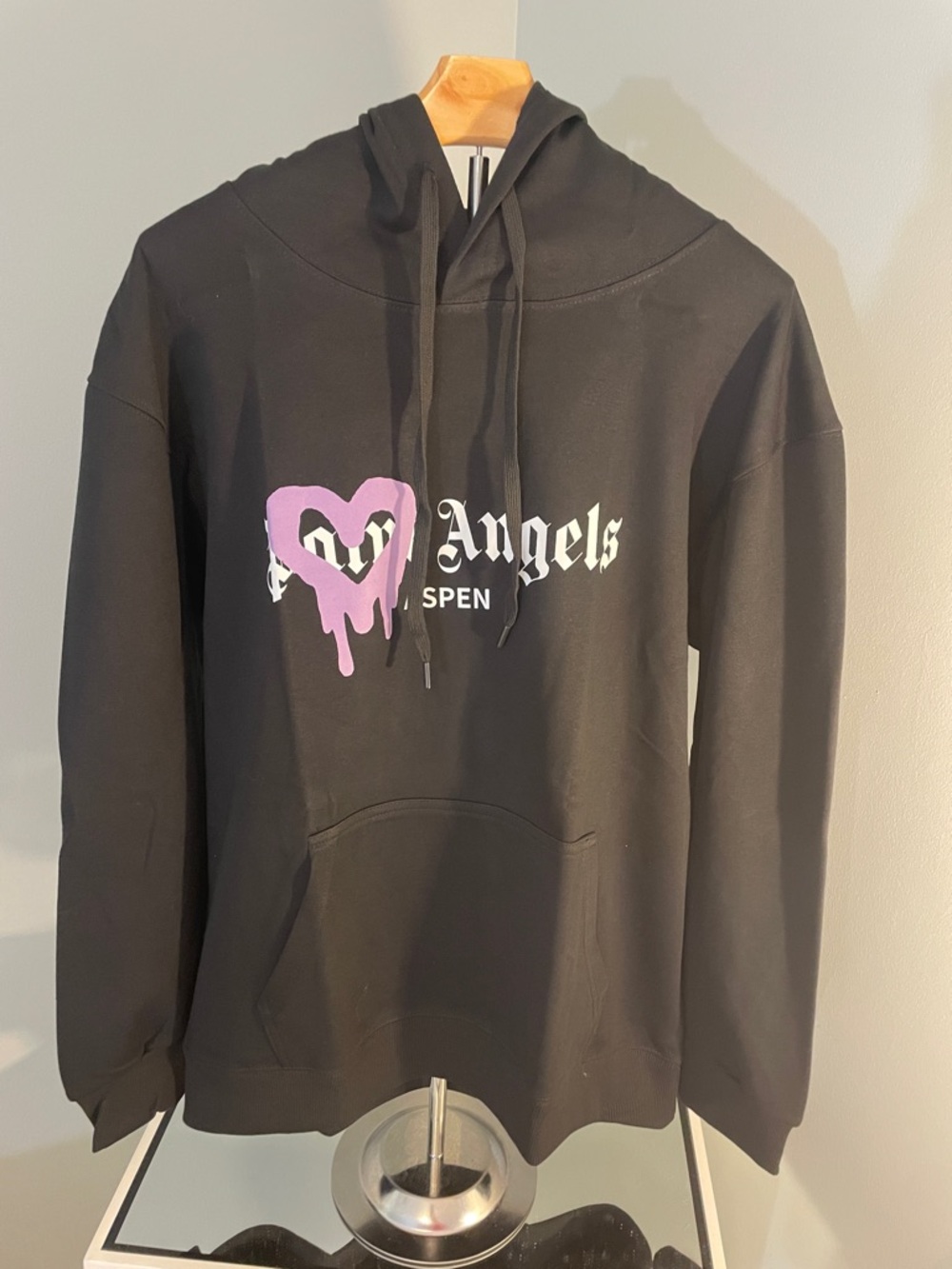 Palm Angels Aspen Heart Sprayed Hoodie in black with a Purple drip Heart new